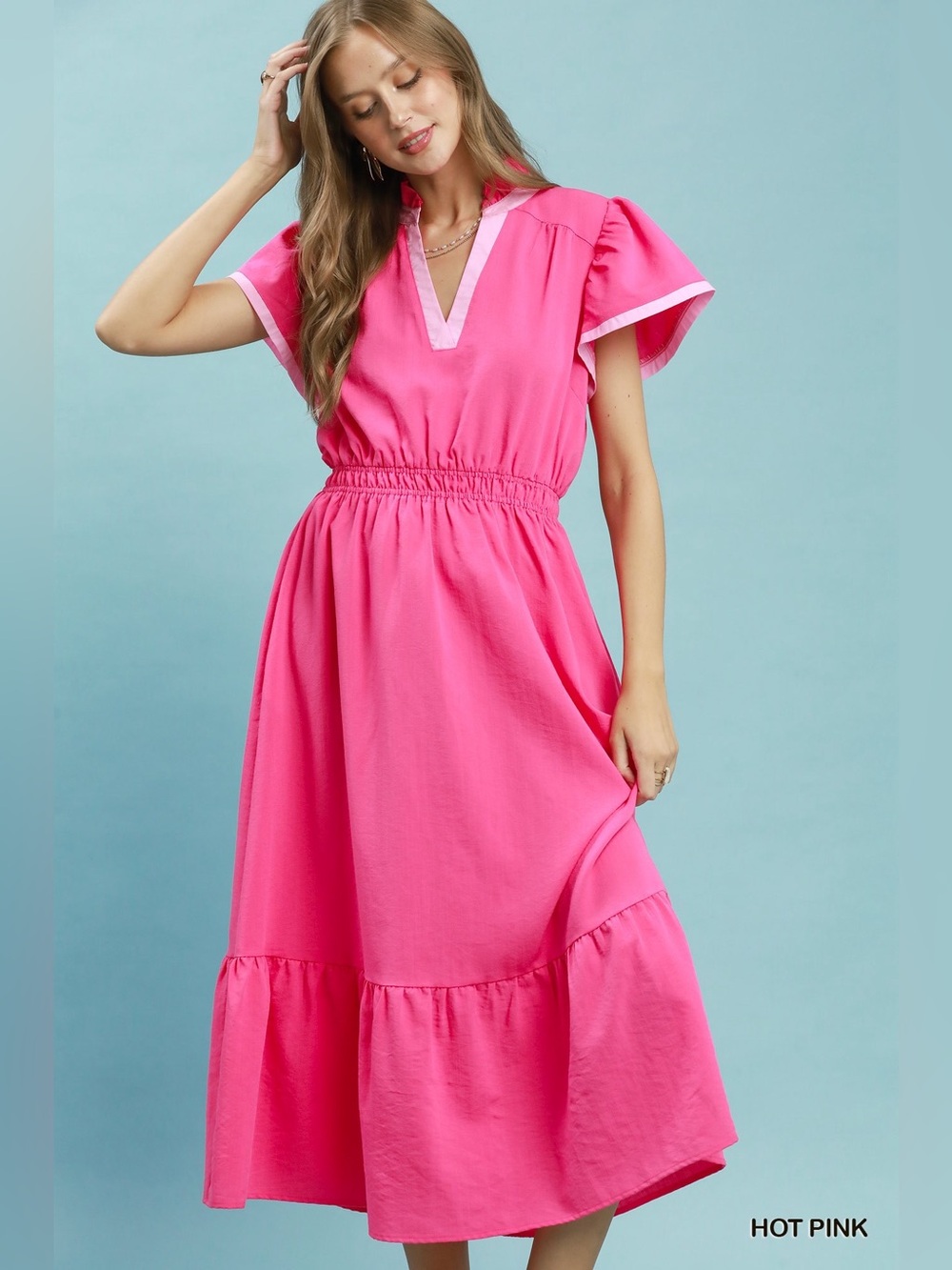 Umgee Contrast Trim Midi Dress with Tiered Ruffle Hem